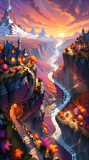 A fantasy autumn land with a deep canyon in the middle, where the sun sets in a blaze of orange and purple, fairy tale, magical, mystic, surreal, (by Thomas Kinkade & J.R.R. Tolkien & Rob Gonsalves), digital painting style, warm and enchanting, featured on DeviantArt, outdoor scene, imaginative details, high resolution