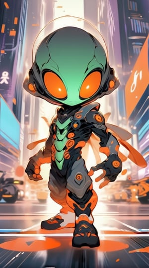 Anime, chibi alien in stylish jumpsuit, carries dj music tool, pointing to viewer, cyberpunk city , ask for ready, ,dynamic move, active, explosive light, white&orange,  art,  detailed artwork, high_res