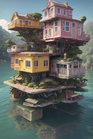 GhibliStyle stacked-houses on floating island,  intricate details, by Laurie Lipton, Concept Art,colorfull, high_res,3d style,3d