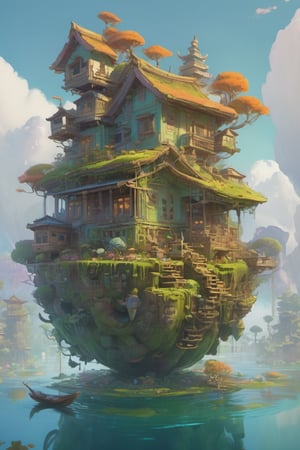 GhibliStyle stacked-houses on floating island,  intricate details, by Laurie Lipton, Concept Art,colorfull, high_res,3d style,3d