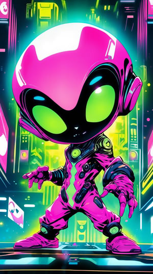 Anime, chibi alien in stylish jumpsuit, carries dj music tool, pointing to viewer, cyberpunk city , ask for "ready for loud" ,dynamic move, active, explosive light, art,  detailed artwork, high_res