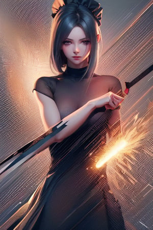 (Masterpiece,Best Quality), A realistic anime girl in a maid dress with coal-colored hair, striking a battle pose with a spear, inviting viewers to look closely at the high-resolution illustration, Fantasy, magical vibes, sci-fi mood, sparks, DoF, bokeh, sharp focus, 