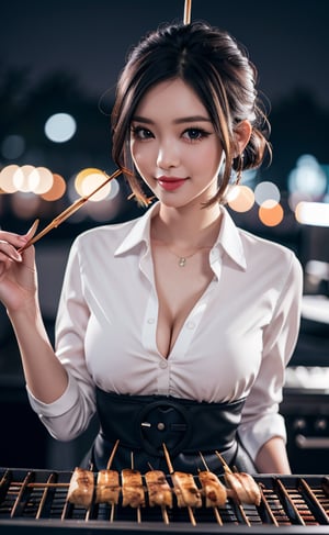 ((Waist-to-head, centered)), Beautiful girl, mid-short hair, bun hair, multi colored hair, standing tall (((grilling satay))), unbuttoned white shirt, e cup, deep-cleavage, insane detailed skin, mischievous smile with seductive eyes, mid-shot, centered subject, night, street, depth of field, deep shadow, ((large bokeh)), dark background, highres photography, canon eos 5D with 50mm lens, 8k iphone wallpaper, (masterpiece, best quality),dark theme,Indonesiadoll,3DMM