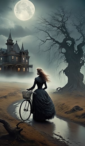 In the depths of a hauntingly beautiful landscape, shrouded in an eerie mist, a Victorian-style woman gracefully rides her bicycle. Otherworldly aura woven with (horror+fantasy+surreal) vibes.
Dressed in an exquisite gown harkens to mystery and elegance, the dark cascading curls dance in the wind, framing her porcelain face.
The desolate landscape, trees morph into gnarled, twisted figures, branches reaching out.
The moon casting an ethereal glow+illuminates the path ahead+revealing ((lot of ghosts)).
Palpable sense of foreboding atmosphere. 
A dilapidated mansion in the distance, stands as a testament to forgotten glory+architecture crumbling+windows shattered+filled with the echoes of past horrors.

A cinematic masterpiece, the essence of horror+fantasy+surrealism. Nightmarish landscape+symbol of resilience+embracing the unknown.
Fantasy collide in the most hauntingly beautiful way.

Dramatic mood, High_detailed