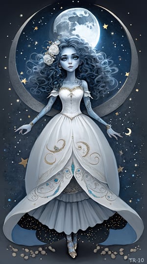 IncrsXLRanni, Fantasy, surreal, 1girl,  blue skin, flow curly hair, white dress is made of a soft and silky fabric, flows on the body, grey&white color, sweetheart neckline, a flared skirt reaches the floor, adorned skirt by intricate embellishments of floral patterns, stars, and crescent moons, doll joints, Made of beads, sequins, crystals, and pearls that sparkling, has a veil and hat which also has floral, star, and moon motifs that complement the dress. Accesorized dress, Combination of fashionable and fantasy, creative, Hyperdetailed artwork,IncrsXLRanni,wavy hair, blue skin, cracked skin,girl