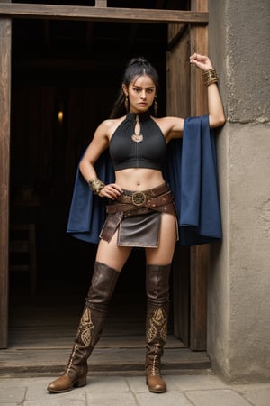  (8k, best quality, masterpiece:1.2), (realistic, photo-realistic:1.3), ultra-detailed, full body, 1girl, solo,  hand guard, belt, faulds, dancing, cape, legging, beautiful face, asymmetrical skirt made of rough animal hide. A matching braided leather halter offers minimal coverage, with ornate bone and claw adornments. High leather boots, marked by battle scars, climb the calves, and dual arm guards fashioned from thick hide and decorated with tribal symbols complete the fierce ensemble.