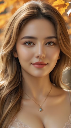 (masterpiece, Best Quality, photorealistic, ultra-detailed, finely detailed, high resolution, 8K wallpaper), 1 beautiful woman, light-brown messy hair, pierces, necklace, perfect dynamic composition, beautiful detailed eyes, smiling happily, traveling in autumn, upper-body portrait, sharp-focus, looking back,xxmix_girl,beautymix,FilmGirl, big_boobs, wearing beautiful premium lingerie, antarctica, visiting antarctica