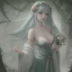 imagine prompt: Create a fantasy enchanting forest elf girl. Flowing, iridescent robes. Surrounded by vibrant flora. Bringing life and magic to every living thing. Portray the ethereal beauty and serene presence of this mystical being. hyperdetailed face, symmetric eays, dynamic light, natural colors, hdr, 2d, cinematic, hyper-detailed image, wide hips, exposed chest, delicate shoulder, aesthetic, wreath of flower, slim waist, all naked , magical forest background