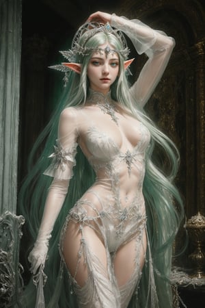 (heavenly beauty, elf by Nicola Samori), (masterpiece, best quality:1.4), (renaisance:1.2), full body, female, silver long hair, god rays, silver armor, halo, bioluminescence, looking_at_viewer, detailed and beautiful green eyes,, fantasy, hyperdetailed face, symmetric eays, dynamic light, natural colors, hdr, 2d, cinematic, hyper-detailed image, moody photography, soft ligtning, slim and innocent figure, white airy and transparent dress slightly exposed underwear, delicate silver crown on the head