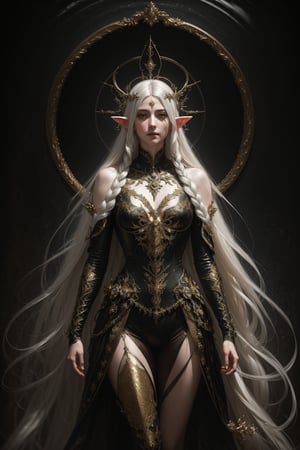 (heavenly beauty, elf by Nicola Samori), (masterpiece, best quality:1.4), (renaisance:1.2), full body, female, silver long hair, god rays, silver armor, halo, bioluminescence, looking_at_viewer, detailed and beautiful eyes,,fantasy