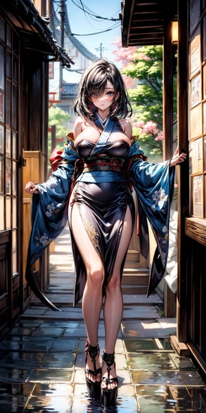 (((masterpiece, best quality:1.1))), highres, Manga, (ultra-detailed), (((1girl))),(((solo:1.5))),light makeup, large_breasts, mature female,  seductive, elegant, stylish,sexy, (upright),curvy, beautiful legs,  perfect body, beautiful woman, (beautiful detailed face:1.2), beautiful detailed eyes,((intricate detailed)), (perfect detailed breasts), (huge breasts), perfect hands, detailed fingers, mature female,mature female,(((full body standing))), mature female, long hair, breasts, solo, huge breasts, 1girl, mature female, long hair, breasts, solo, huge breasts, (((hair over one eye))), big boobs, slim body, slim waist, jewelry, necklace, earrings, Japanese black kimono with sakura pattern