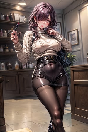 illustration, masterpiece, best quality, extremely detailed, big boobs, slim body, slim waist, seductive face, ((hiar over one eye)), lipstick, ligh makeup, high_heels, (((sweater))), ((pantyhose)), Kafka(hsr)