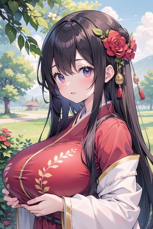 masterpiece, best quality,high_resolution,best quality,oriental,1girl,outdoors, landscape,huge breasts, (upper body:1.3), blush, floral print,redclothes,