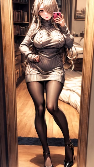 illustration, masterpiece, best quality, extremely detailed, big boobs, slim body, slim waist, seductive face, ((hiar over one eye)), lipstick, ligh makeup, high_heels, (((sweaterdress))), ((pantyhose)), very_long_hair