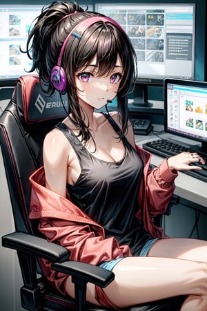 1girl, cute, young, sitting on a gaming chair, gaming, loose oversized tanktop, off shoulder, medium breasts, modern streaming setup, ring light, perfect lighting, bright colors, black hair, pink highlights, ponytail, gaming headset