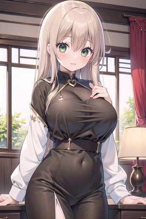 (masterpiece:1.3),best quality, (sharp quality), correct_anatomy, Put the lamp on your hand, long_sleeve, brown dress, green eyes, white hair, big breasts, mature_woman, sexy, alluring