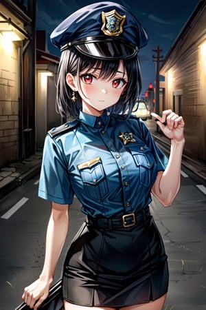 (best quality, 8k, 32k, masterpiece, UHD:1.2), highres, sharp focus, detailed outfit, beautiful detailed hair, delicate details, 
1 girl, black hair, bangs, red eyes, red earrings, large breasts, police uniform, police cap, shirt, short-sleeves, dark blue skirt, pencil skirt, 
cute, shy, 
outdoors, night, dark, in a tunnel, 
standing, dynamic angle, 
nice hands, perfect hands, , 