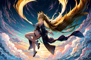 (fox girl flying in the sky), 1girl, long hair, messy hair, yellow hair, green eyes, smile, fox ears, fox tail, large breasts, ancient chinese robes, aura, magic, (flying forward, hair and tail blow to back), cloud, night, full body, 