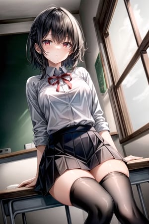 (best quality, 8k, 32k, masterpiece, UHD:1.2), highres, sharp focus, detailed outfit, beautiful detailed hair, delicate details, 
1girl, white hair, short hair, braided hair, bangs, red eyes, parted lips, red earrings, medium breasts, thigh highs, school uniform, white blouse, red ribbon, pleated skirt, black skirt, white panty,
cute, shy, 
indoors, classroom, 
sitting, looking at viewer, dynamic pose, dynamic angle, 
nice hands, perfect hands, 