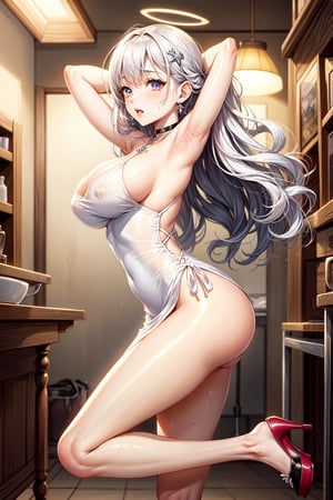 （（8K,tmasterpiece,realisticlying）,（Hyper-detailing,Ultra-clear,naturey）,（（wavy white long hair）：1.3,beatiful detailed eyes,Perfect proportions,eyes with brightness,choker necklace,ear jewelry,Pink and moist lips,The face is perfectly lit）,1 Busty girl,In the ward,Sweat soaked clothes and body,Hair is shiny,The halo,Sexy chestless tight dress,Exposed milk,Elegant and beautiful hairpins,White wavy curls,Bare-legged and high heels,In the distance are naked female patients,Reasonable movements,Very soft  and ass,Slender beautiful legs,Stretch meat,Fair and moisturized skin。