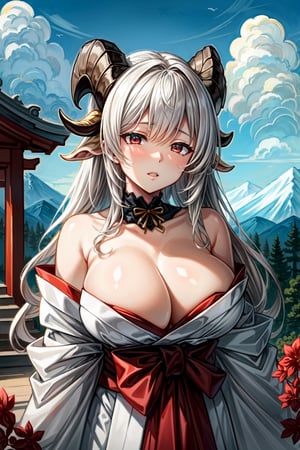long white hair, glowing hair, curly hair, ((big white goat horns)), very big  breasts, cleavage, red eyes, pure white Japanese kimono robes with red flowers on it, half-closed eyes, big lips, beautiful detailed eyes, beautiful detailed face, beautiful detailed hair, mountain peaks background, clouds in sky, whitish yellow sky, ((shrine In background)), masterpiece, best quality, extremely detailed cg unity 8k wallpaper, high-quality, ultra-detailed, depth of field, illustration, beautiful detailed wallpaper 