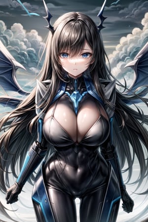 long black hair, clear visible blue eyes, ((black  robot wings)), big lips, half-closed eyes, blue makeup, big breasts, round hips, thick thighs, ((beautiful detailed eyes, beautiful detailed face)), ((flying in air)), storm in background, ((masterpiece, best quality)), extremely detailed cg unity 8k wallpaper, high-quality, ultra-detailed, depth of field, illustration, beautiful detailed wallpaper 