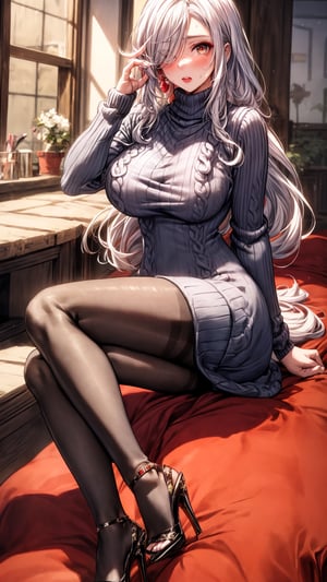 illustration, masterpiece, best quality, extremely detailed, big boobs, slim body, slim waist, seductive face, ((hiar over one eye)), lipstick, ligh makeup, high_heels, (((sweaterdress))), ((pantyhose)), (very_long_hair), meganeko,shenhe(genshin impact)