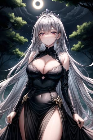 long white hair, red eyes, black ethereal queen dress, spiky black crown, big breasts, cleavage, black earrings, big lips, black lipstick, red earrings, ((beautiful detailed eyes)), beautiful detailed face, beautiful detailed hair, half-closed eyes, looking down not facing viewer, black eyelashes, black castle background, solar eclipse in background, trees in background, nightime, masterpiece, best quality, extremely detailed cg unity 8k wallpaper, high-quality, ultra-detailed, depth of field, illustration, beautiful detailed wallpaper 