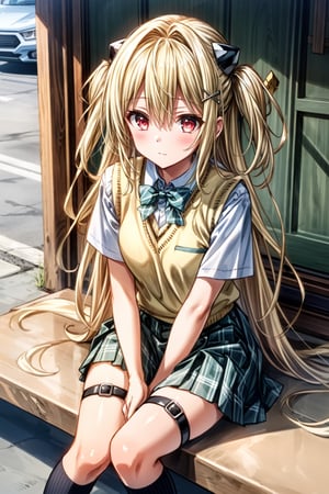 (masterpiece:1.6, best quality), (finely detailed beautiful eyes: 1.2), phyami, yamisch, 1girl, long hair, solo, school uniform, hair ornament, hair between eyes, two side up, blonde hair, very long hair, skirt, red eyes, thigh strap, sweater vest, plaid skirt, plaid, socks, two side up, hair ornament, pleated skirt, kneehighs, ,
