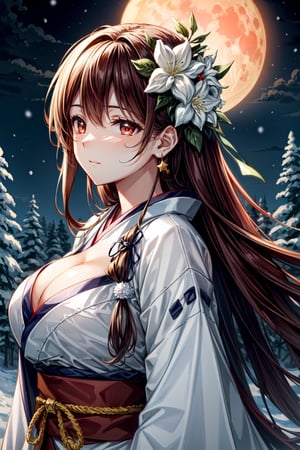 long red hair, red eyes, big breasts, cleavage, pure white Japanese kimono robes, white earrings, big lips, white flower on side of head, black makeup, half-closed eyes, closed mouth, beautiful detailed eyes, beautiful detailed face, beautiful detailed hair, snowy forest background, glowing red moon in background, falling snow in background, snow on trees, red sky, stars in sky, clouds in sky, ((nightime)), masterpiece, best quality, extremely detailed cg unity 8k wallpaper, high-quality, ultra-detailed, depth of field, illustration, beautiful detailed wallpaper