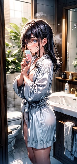 A girl stepping out of the bath, with her wet hair dripping down, wearing a bathrobe, cozy bathroom setting, steam in the air, shiny and glossy hair, delicate facial features, warm and relaxing atmosphere, relaxed and content expression, fluffy bathrobe, water droplets on skin, towel hanging nearby, fresh scent of soap, polished tiles, tranquil ambiance, gentle mist, comfortable and soft texture of the bathrobe fabric, peaceful and serene mood
