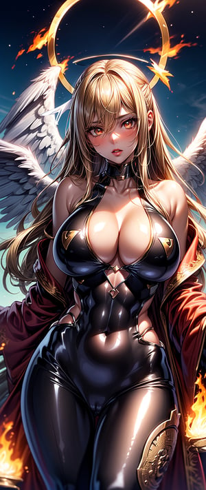 (perfect female form, perfect face, thick lips, glossy lips, lipstick, eyeliner, golden eyes), (long wavy blonde hair:1.2), (narrow waists), (red detailed robe:1.4), (black delicate bodysuit, flame details, bare shoulders, cleavage), (angelic, celestial, female demon, diablo, sacred, flaming black halo, black color giant angel wings:1.4), black wing, (at heaven:1.4), (cowboy shot), ((slim, skinny waist:1.3)), ((huge pelvic)), city, big breasts, large pelvic, wide hip, narrow waist, curvy waist, exposed belly, Akiyama Rinko