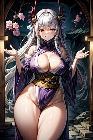 very long white hair, straight hair, ((purplish red eyes)), long white and purple Japanese kimono robes with purple flowers on it, ((spider legs on back)), ((round hips)), ((curvy hips, curvybod)), ((thicc thighs)), big breasts, cleavage, grey skin, half-closed eyes, naughty face, beautiful detailed teeth, blushing, red lipstick, big lips, smile, medium shot, spider legs in background, ((cave background)), ((spider websinbackground)), ((shrine In background)), masterpiece, best quality, extremely detailed cg unity 8k wallpaper, high-quality, ultra-detailed, depth of field, illustration, beautiful detailed wallpaper 