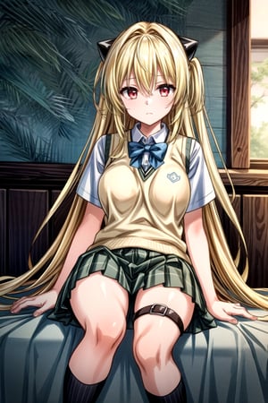 (masterpiece:1.6, best quality), (finely detailed beautiful eyes: 1.2), phyami, yamisch, 1girl, long hair, solo, school uniform, hair ornament, hair between eyes, two side up, blonde hair, very long hair, skirt, red eyes, thigh strap, sweater vest, plaid skirt, plaid, socks, two side up, hair ornament, pleated skirt, kneehighs, big boobs,
