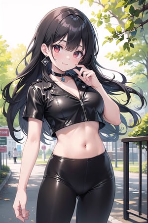 8k, highres, ultra detailed, (masterpiece:1.4), best quality, symmetrical body, (Black leather crop top with deep neckline:1.4), (black leather leggins:1.4), choker, cute, solo, earrings, long hair, black hair, red eyes, glow effect, finely eye, wide smile, detailed face, looking at viewer, smilling at viewer, in the park, angled view, big breasts, seductive look