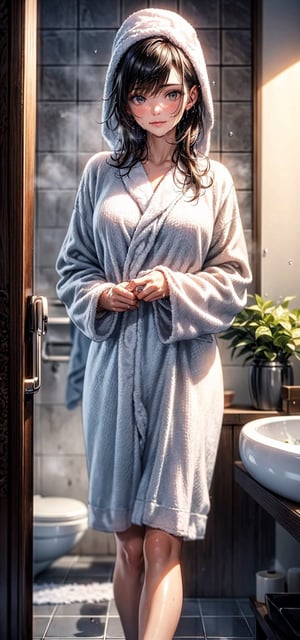 A girl stepping out of the bath, with her wet hair dripping down, wearing a bathrobe. (best quality, ultra-detailed), (realistic), portraits, soft colors, natural lighting, cozy bathroom setting, steam in the air, shiny and glossy hair, delicate facial features, warm and relaxing atmosphere, relaxed and content expression, fluffy bathrobe, water droplets on skin, towel hanging nearby, fresh scent of soap, polished tiles, tranquil ambiance, gentle mist, comfortable and soft texture of the bathrobe fabric, peaceful and serene mood.