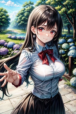 (best quality, 8k, 32k, masterpiece, UHD:1.2), highres, sharp focus, detailed outfit, beautiful detailed hair, delicate details, 
1 girl, black hair, long hair, bangs, red eyes, red earrings, large breasts, shirt, skirt, 
cute, shy, light smile,
outdoors, townscape, trees, hydrangeas, flower fields, shiny body, 
dynamic pose, dynamic angle, 
nice hands, perfect hands, 