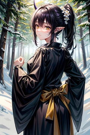 Long black ponytail, purple demon horns, pointy ears, gold earrings, yellow eyes, big lips, half-closed eyes, looking back at viewer, purple demon tail, pure white Japanese robes with flowers on it, back facing viewer, round hips, beautiful detailed eyes, beautiful detailed face, beautiful detailed hair, snowy forest background, falling snow in background, trees blocking sky, masterpiece, best quality, high resolution, extremely detailed cg unity 8k wallpaper, high-quality, ultra-detailed, depth of field, illustration, beautiful detailed wallpaper