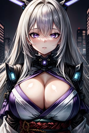 long silver hair, straight hair, purple eyes, pure black Japanese kimono robes, android face, black and purple mech antennas, diagonal bangs, purple makeup, big lips, big breasts, cleavage, half-closed eyes, beautiful detailed eyes, beautiful detailed face, beautiful detailed hair, (((futuristic glowing purple city background))), (shrine In background), masterpiece, best quality, extremely detailed cg unity 8k wallpaper, high-quality, ultra-detailed, depth of field, illustration, beautiful detailed wallpaper 