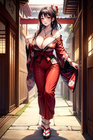 (Cinematic Light, Top Quality, 8K, Masterpiece: 1.3), (World Wonderful, Japan Goddess, Japan Beautiful Girl, Korean Goddess), (Full Body), One Girl, (Necklace, Bracelet, Anklet, Leg Ring), (Huge Breasts, Cleavage, Exposed Breasts, Sexy Cleavage, Very Detailed Breasts), (Colossal), À la Fed Woman in Kimono, Hakama Kimono, Complex Hakama, Hakama, Hakama wide-legged hakama trousers, classic kimono, kimono, Japan kimono, long beautiful flowing kimono, complex geisha kimono, red kimono with floral pattern, Japanese style, wearing kimono, inspired by Kano Hogai,  