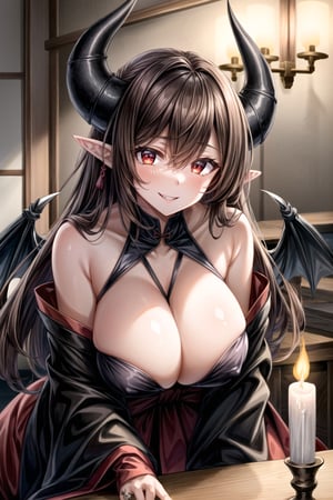long brown hair, black demon horns, black demon wings, extremely big breasts, cleavage, red eyes, red lipstick, seductive smile, blushing, sharp teeth, beautiful detailed face, beautiful detailed eyes, black and brown Japanese kimono robes, bangs, pointy ears, brown earrings, beautiful detailed lips, beautiful detailed hair, big lips, (((love dungeon background))), candles in background, bedroom in background, masterpiece, hokding candle in hand, best quality, extremely detailed cg unity 8k wallpaper, high-quality, ultra-detailed, depth of field, illustration, beautiful detailed wallpaper 