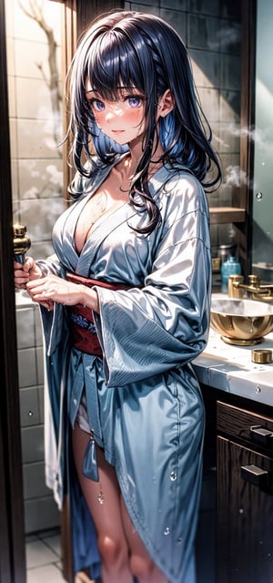 A girl stepping out of the bath, with her wet hair dripping down, wearing a bathrobe, cozy bathroom setting, steam in the air, shiny and glossy hair, delicate facial features, warm and relaxing atmosphere, relaxed and content expression, fluffy bathrobe, water droplets on skin, towel hanging nearby, fresh scent of soap, polished tiles, tranquil ambiance, gentle mist, comfortable and soft texture of the bathrobe fabric, peaceful and serene mood, raidenshogundef