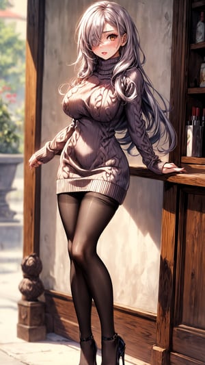 illustration, masterpiece, best quality, extremely detailed, big boobs, slim body, slim waist, seductive face, ((hiar over one eye)), lipstick, ligh makeup, high_heels, (((sweaterdress))), ((pantyhose)), (very_long_hair), meganeko