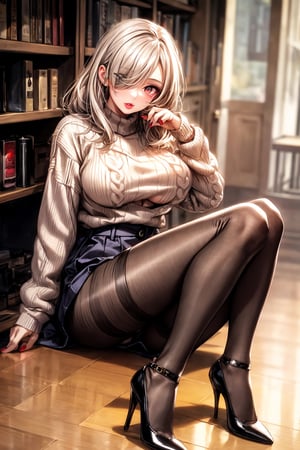 illustration, masterpiece, best quality, extremely detailed, big boobs, slim body, slim waist, seductive face, ((hiar over one eye)), lipstick, ligh makeup, high_heels, (((sweater))), ((pantyhose)), Kafka(hsr)