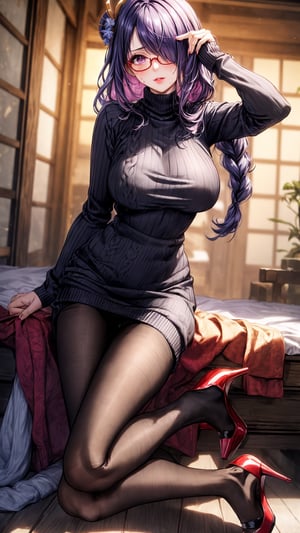 illustration, masterpiece, best quality, extremely detailed, big boobs, slim body, slim waist, seductive face, ((hiar over one eye)), lipstick, ligh makeup, high_heels, (((sweaterdress))), ((pantyhose)), (very_long_hair), glasses, raidenshogundef