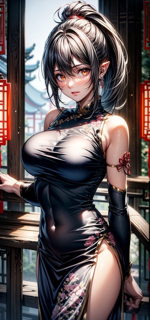 orange eyes,dark elf, grey hair, 1lady,high ponytail, (chinese clothes:1.3), highres,official art,original,masterpiece,best quality, (large breasts), face lighting,cinematic lighting,caustics