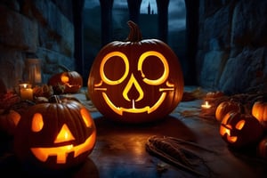 (harry potter's face) carved into a glowing pumpkin, (small spiders crawling) out of the pumpkin, in a dark medieval castle, dimly lit, candlelight, moody, at night, depth of field, dark theme, night, soothing tones, muted colors, high contrast, hyperrealism, soft light, sharp), v0ng44g,flatee