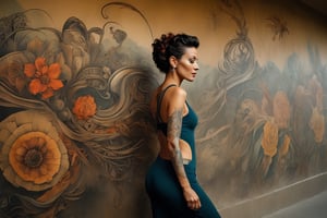 Photo of a woman in front of a wall. Her detailed tattoo appears to seamlessly continue onto the wall creating a fusion of art and environment. xxmixgirl, in the style of esao andrews