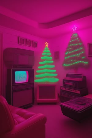 (Santa chilling in his batchelor pad) from the 1980s, neon christmas decorations, neon light in the shape of a christmas tree on the wall, oversized retro boombox, big stacks of cassette tapes, 16K, neon photography style,<lora:659095807385103906:1.0>