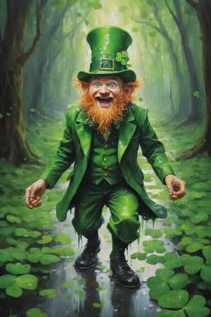 oil painting of a whimsical leprechaun, exuberrant, determined, vibrant, reflecting in puddles in a lush forest of four leaf clovers, natural light, dripping paint, Digital painting 